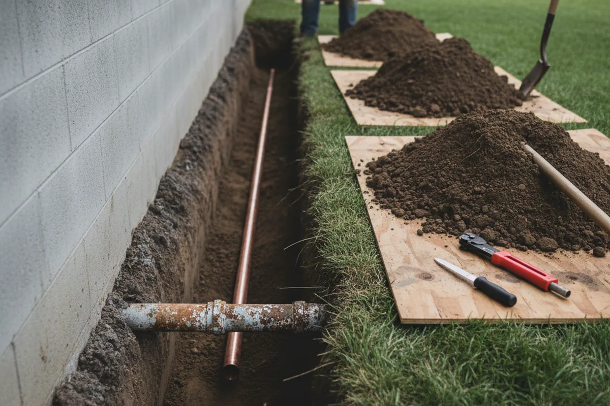 Excavated water line trench during Water Softener Installation in Bristow